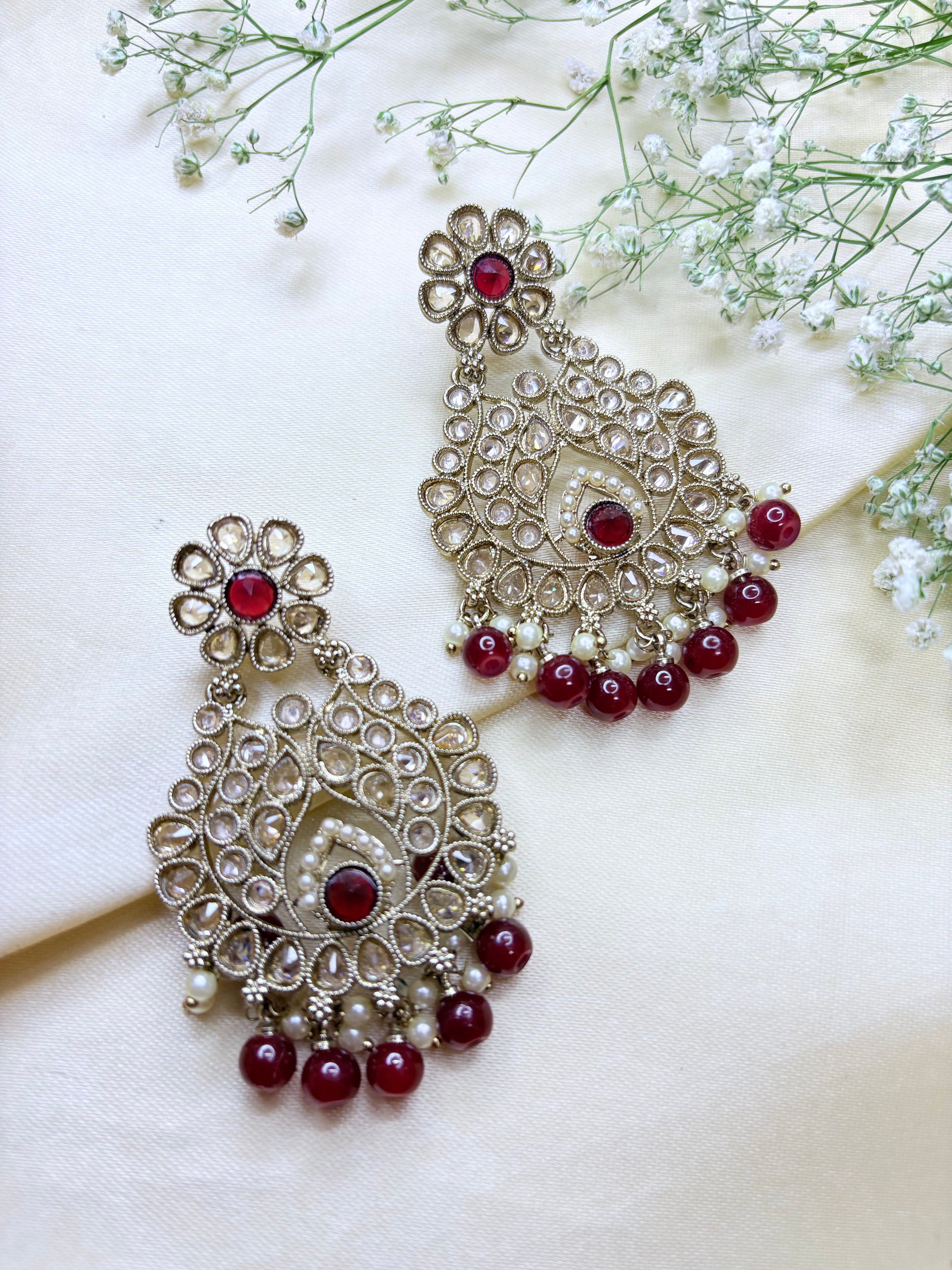 Kundan Floral Chandbali Earrings with Beads – Pink & Red Stone Dangle Earrings