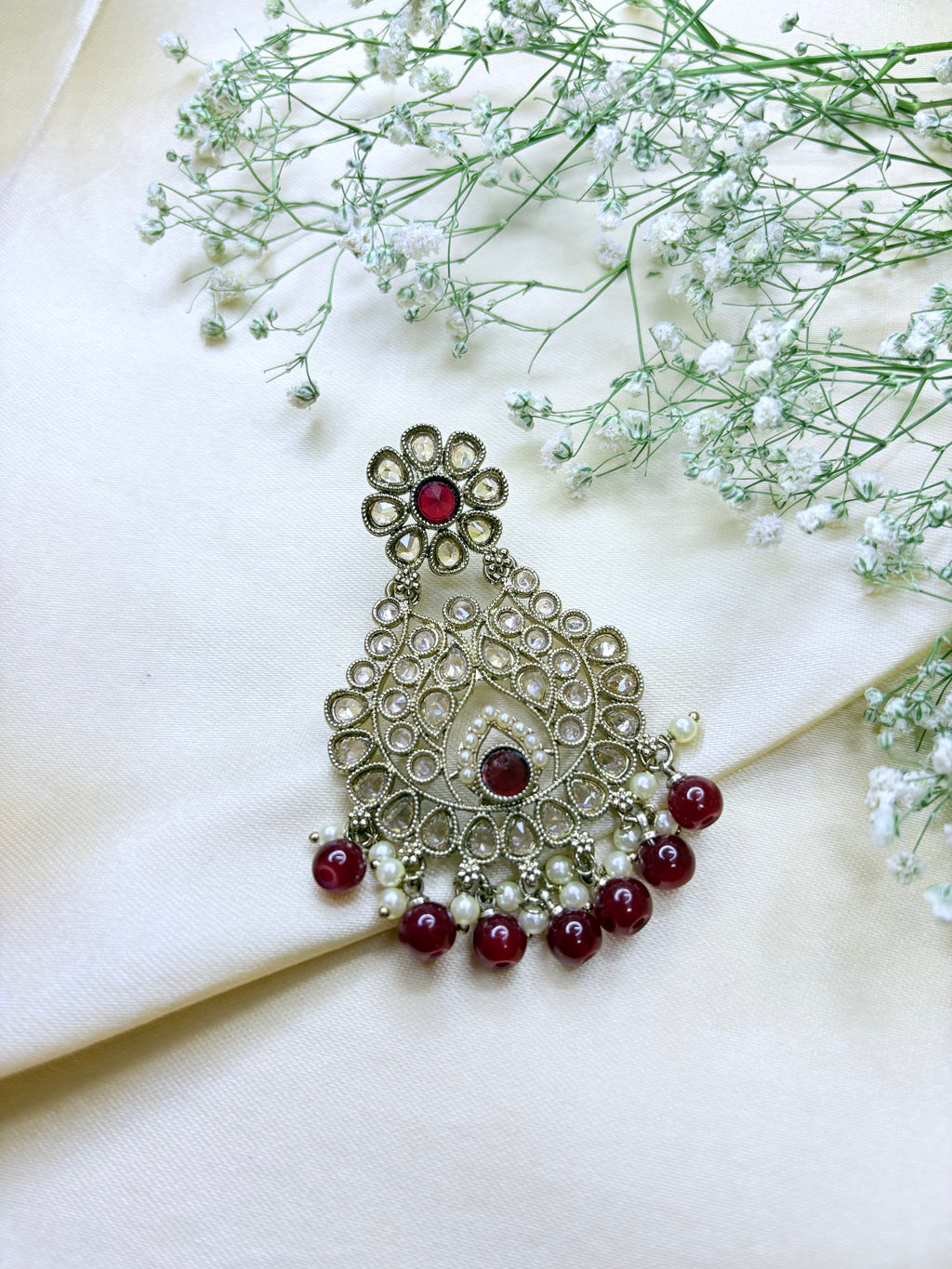 Kundan Floral Chandbali Earrings with Beads – Pink & Red Stone Dangle Earrings