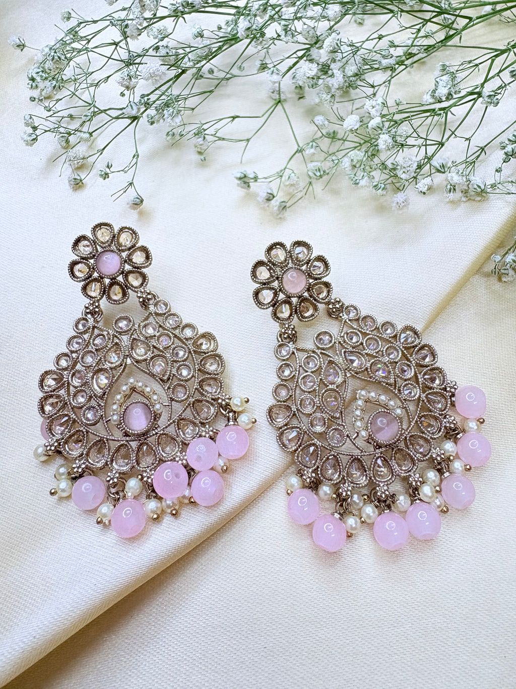 Kundan Floral Chandbali Earrings with Beads – Pink & Red Stone Dangle Earrings