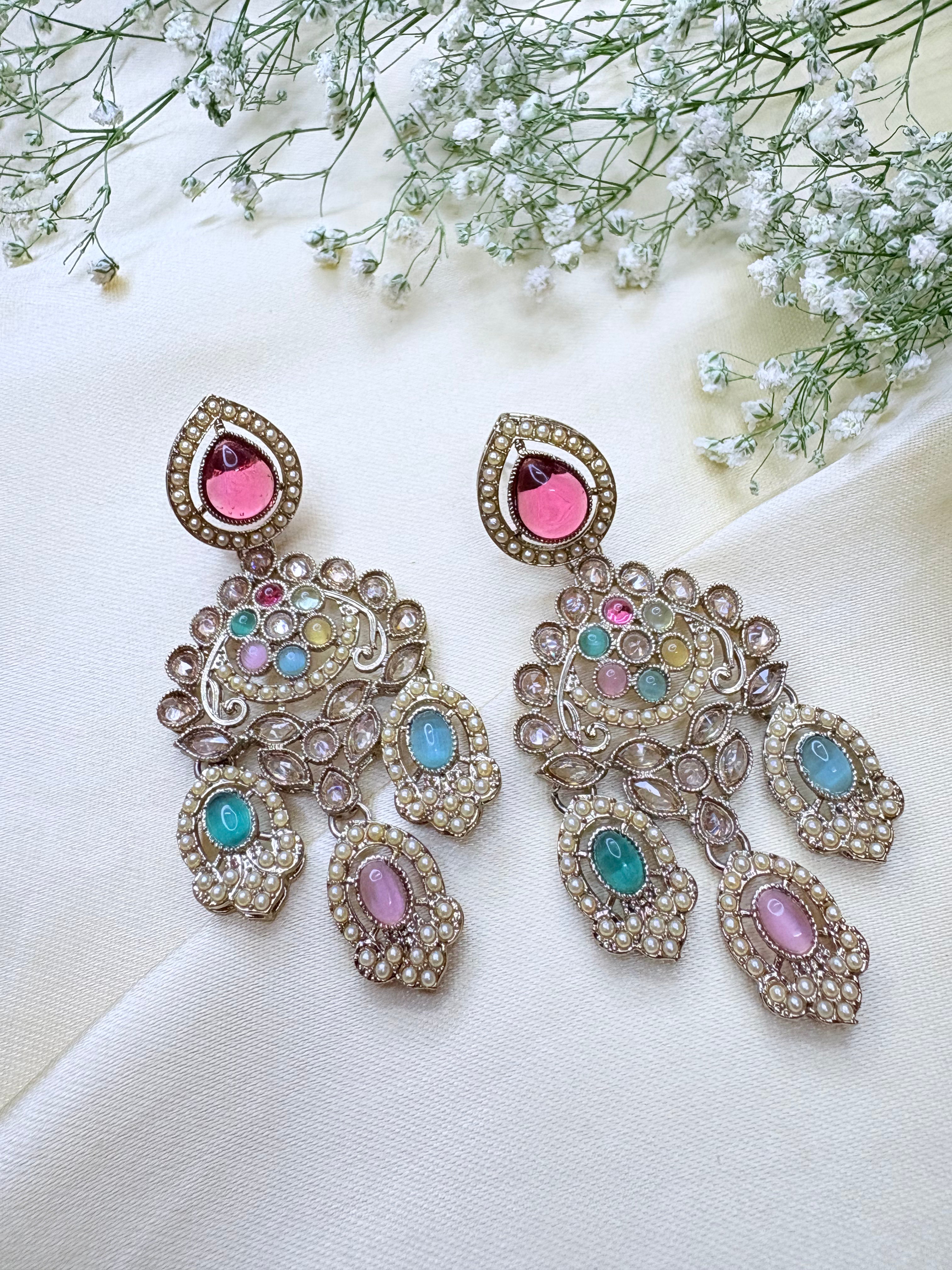 Pastel Shade and Black Stone Kundan Chandbali Earrings