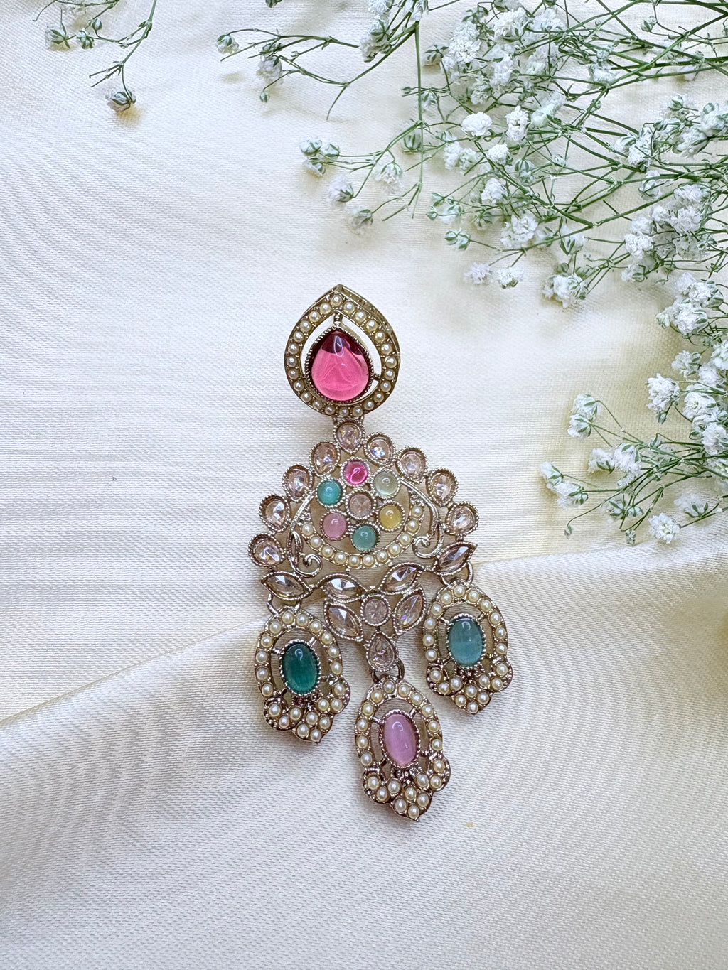 Pastel Shade and Black Stone Kundan Chandbali Earrings