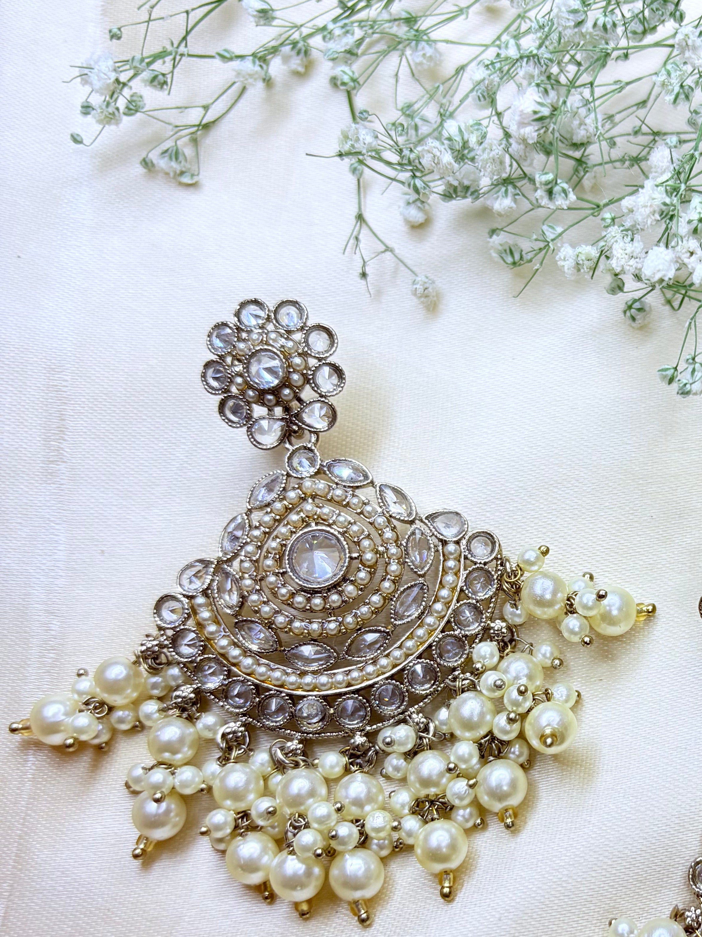 Ethnic Bridal Pearl & Multicolor Stone Chandbali Earrings