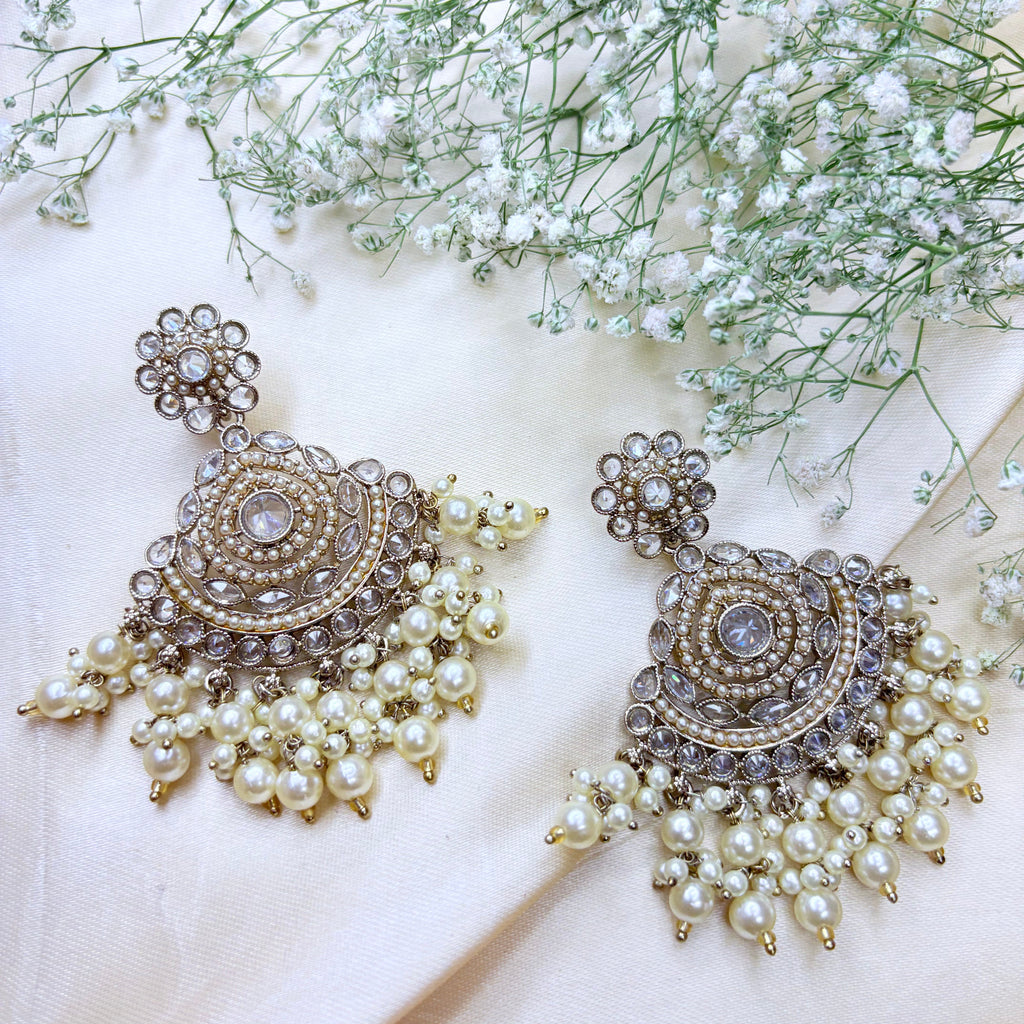 Ethnic Bridal Pearl & Multicolor Stone Chandbali Earrings