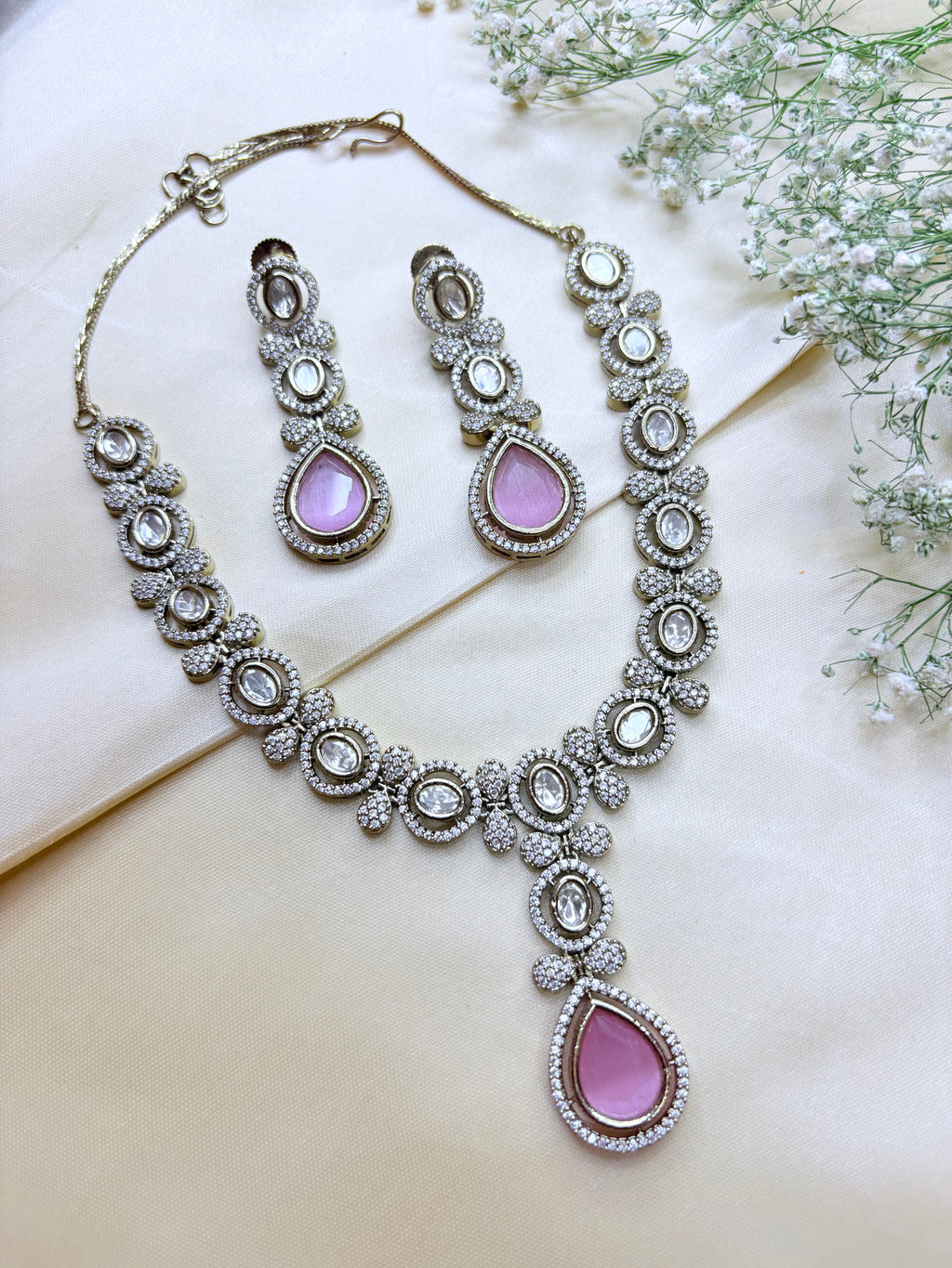 Blush Pink Pear-Shaped Stone Necklace with Dangler Earrings