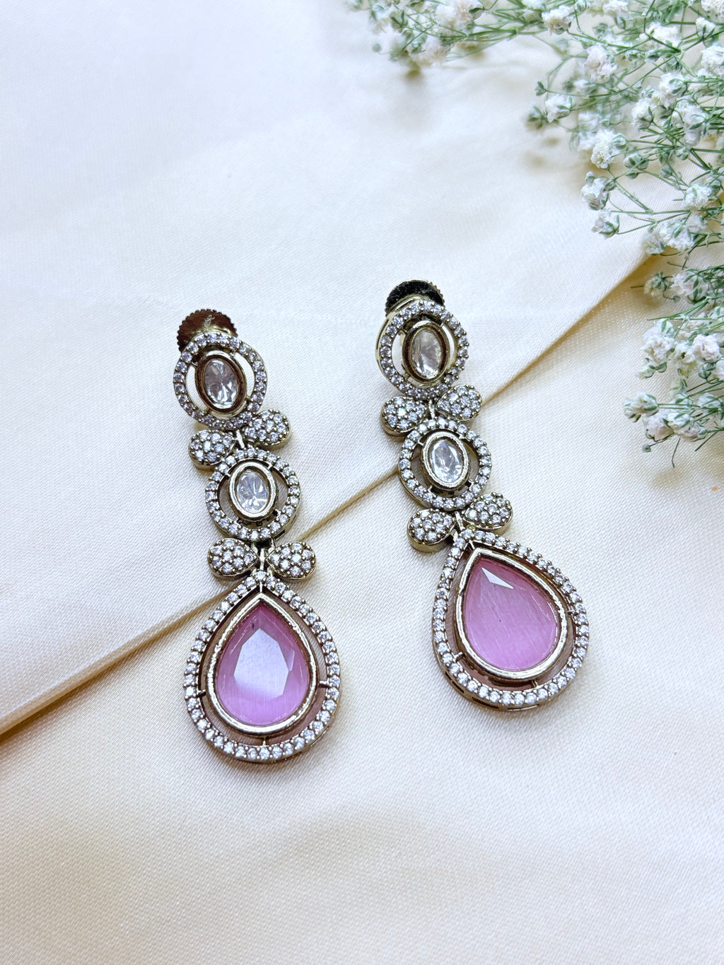 Blush Pink Pear-Shaped Stone Necklace with Dangler Earrings