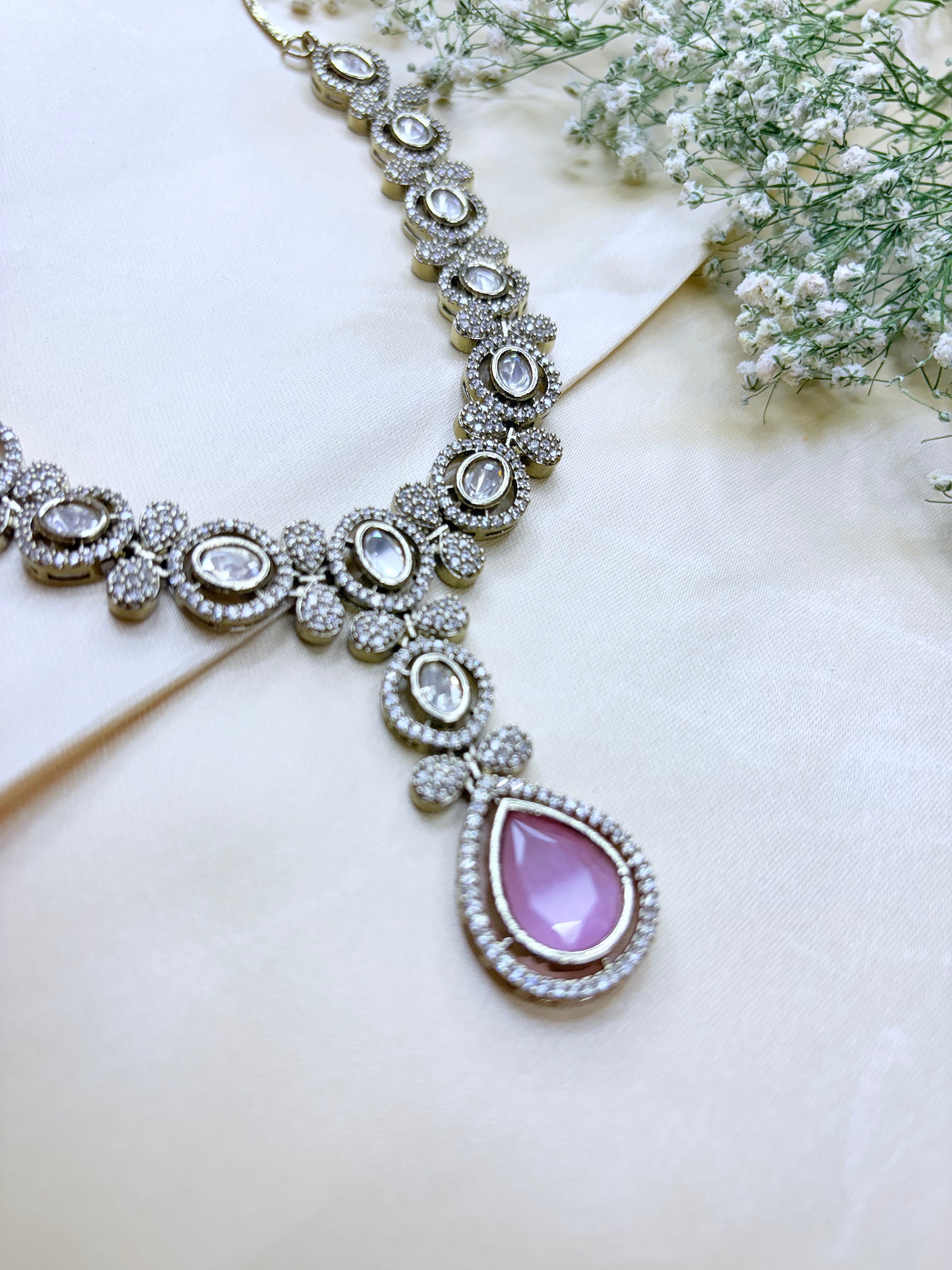 Blush Pink Pear-Shaped Stone Necklace with Dangler Earrings