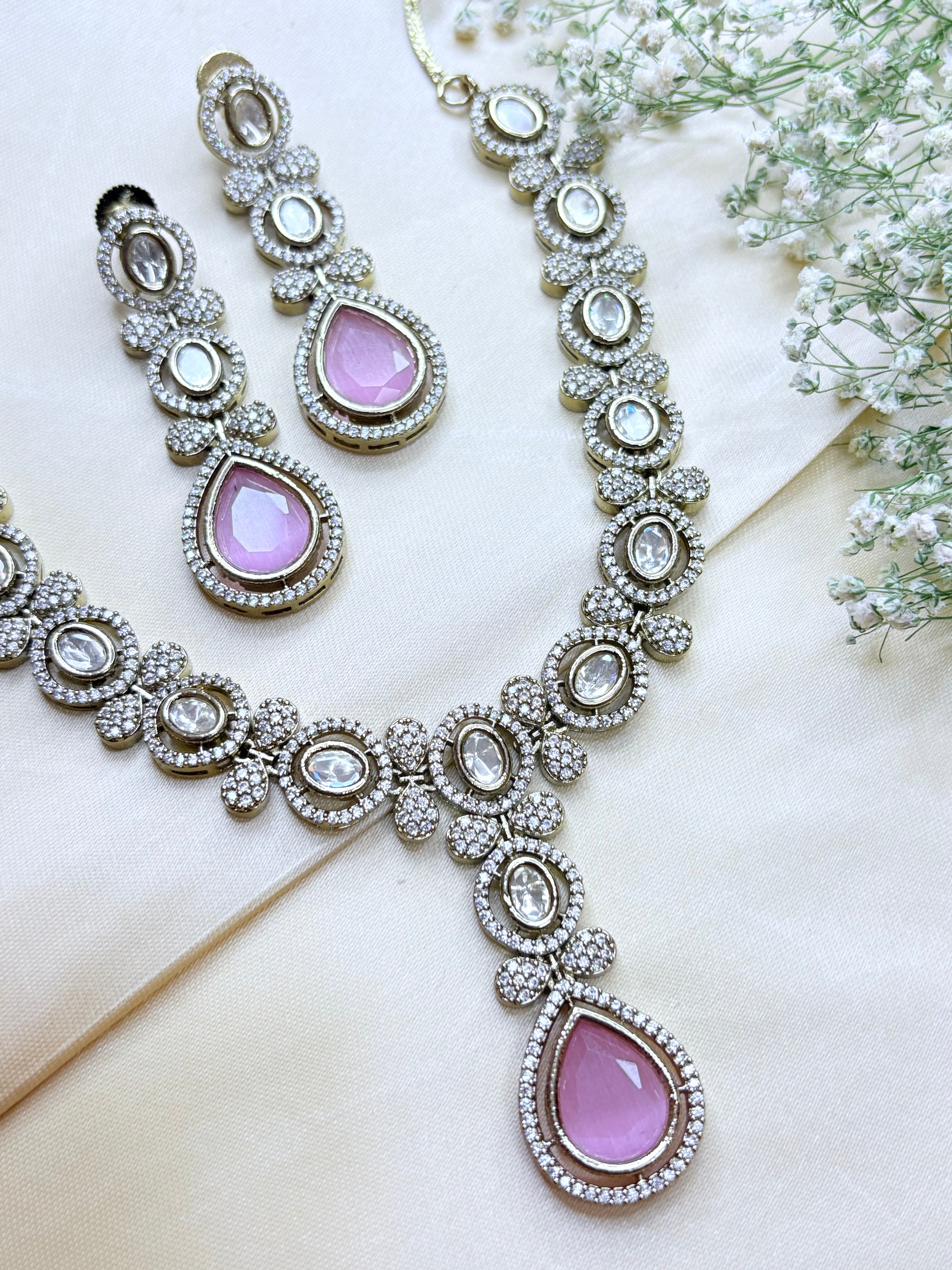 Blush Pink Pear-Shaped Stone Necklace with Dangler Earrings