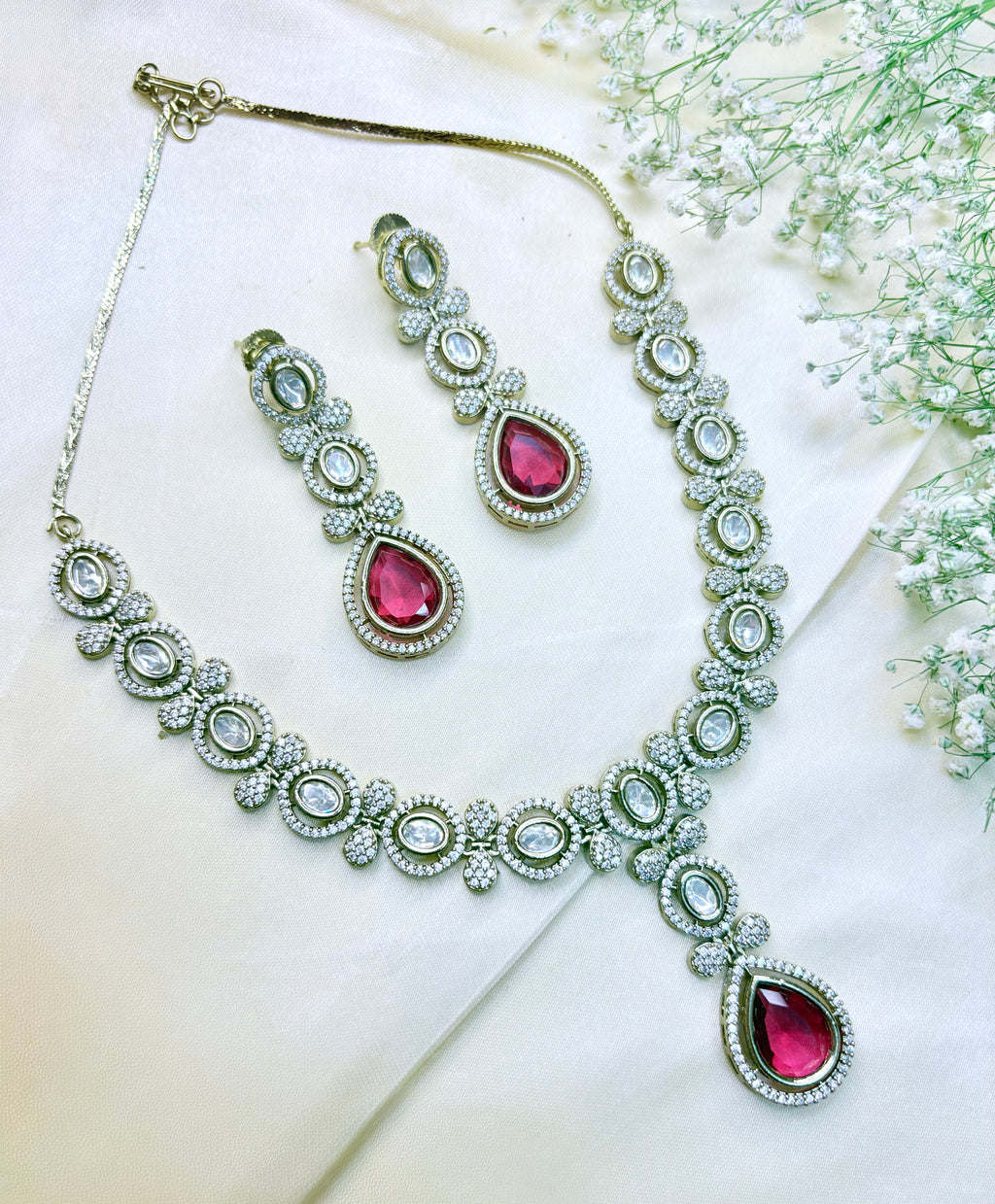 Ruby Red Pear-Shaped Stone Necklace with Dangler Earrings