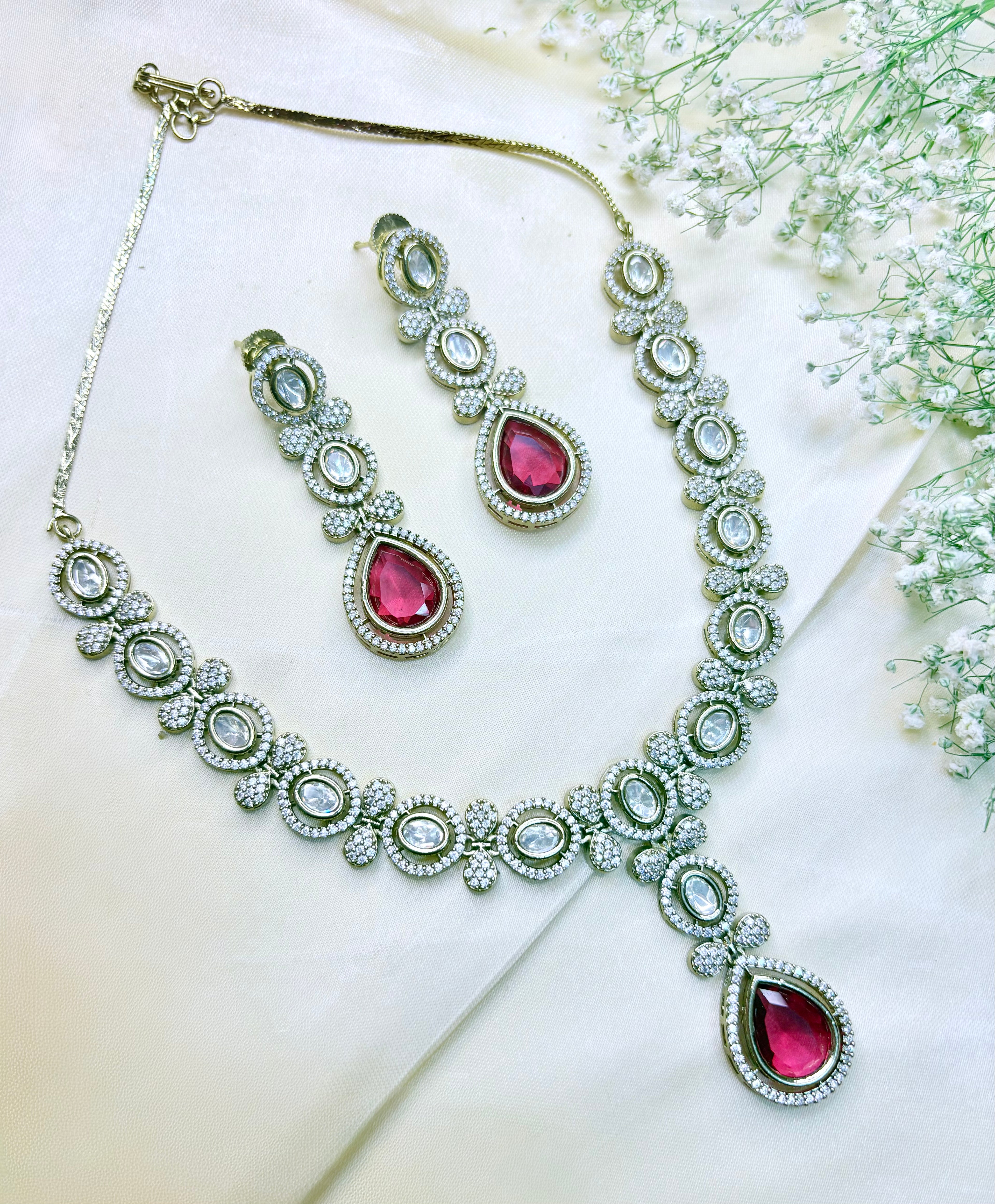 Ruby Red Pear-Shaped Stone Necklace with Dangler Earrings