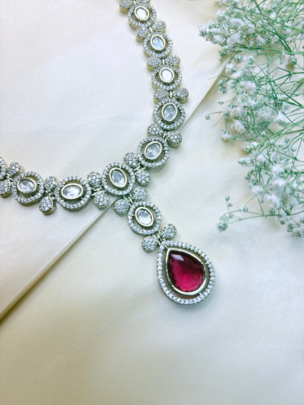 Ruby Red Pear-Shaped Stone Necklace with Dangler Earrings