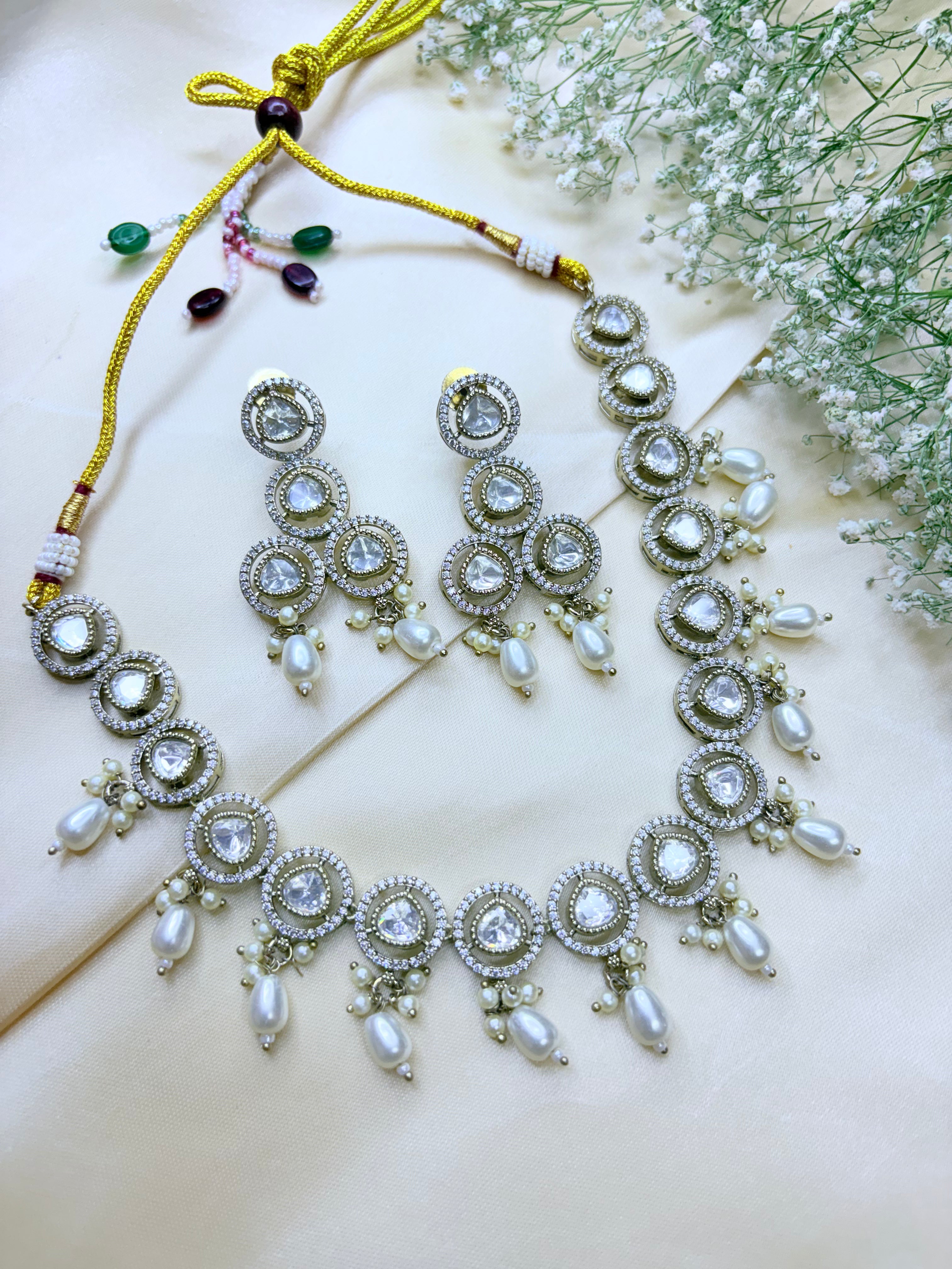 Pearl Drop Polki Necklace Set with Earrings