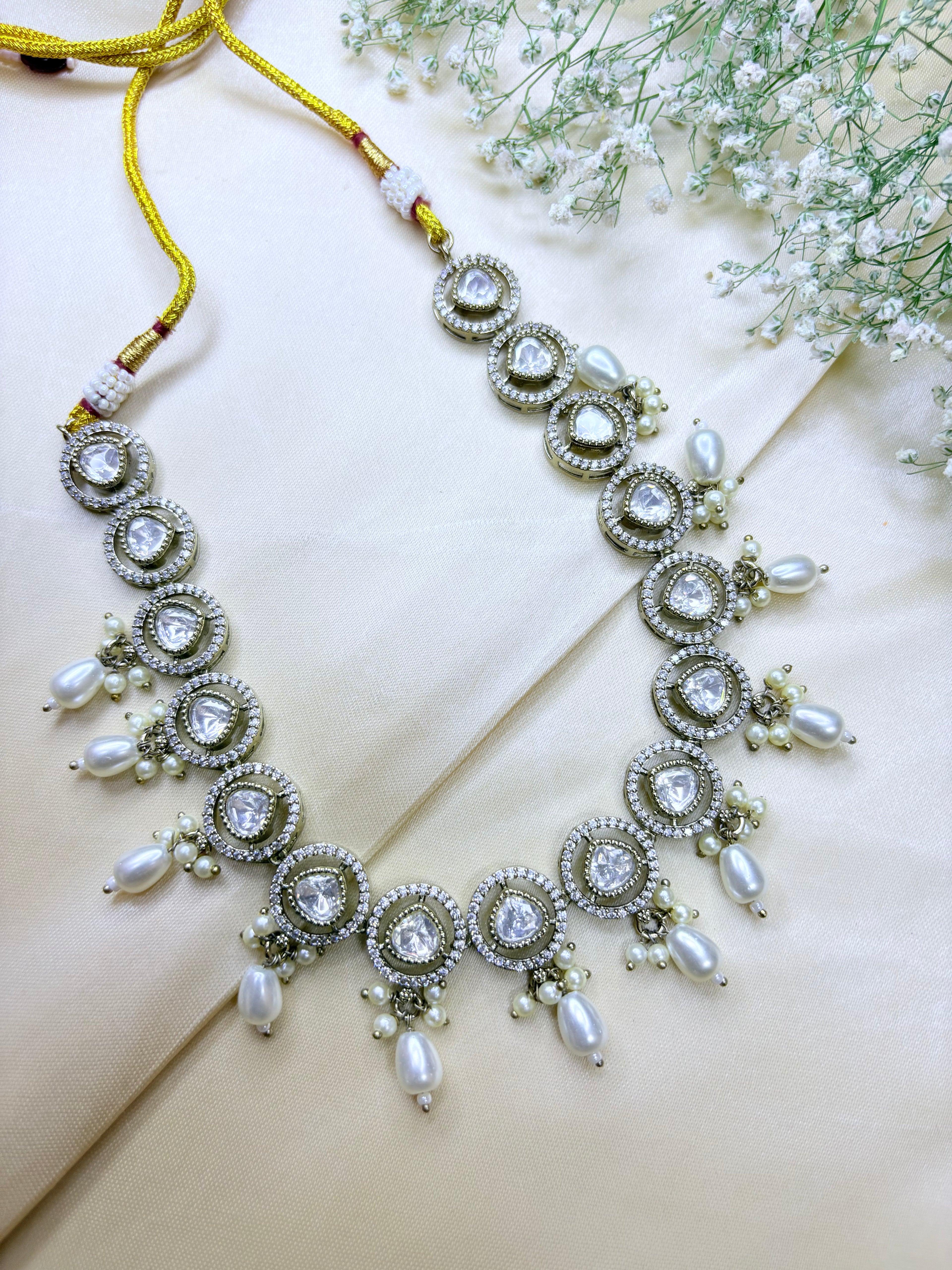Pearl Drop Polki Necklace Set with Earrings