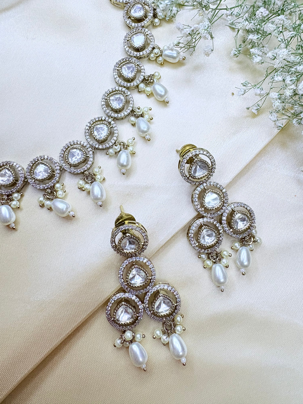 Pearl Drop Polki Necklace Set with Earrings