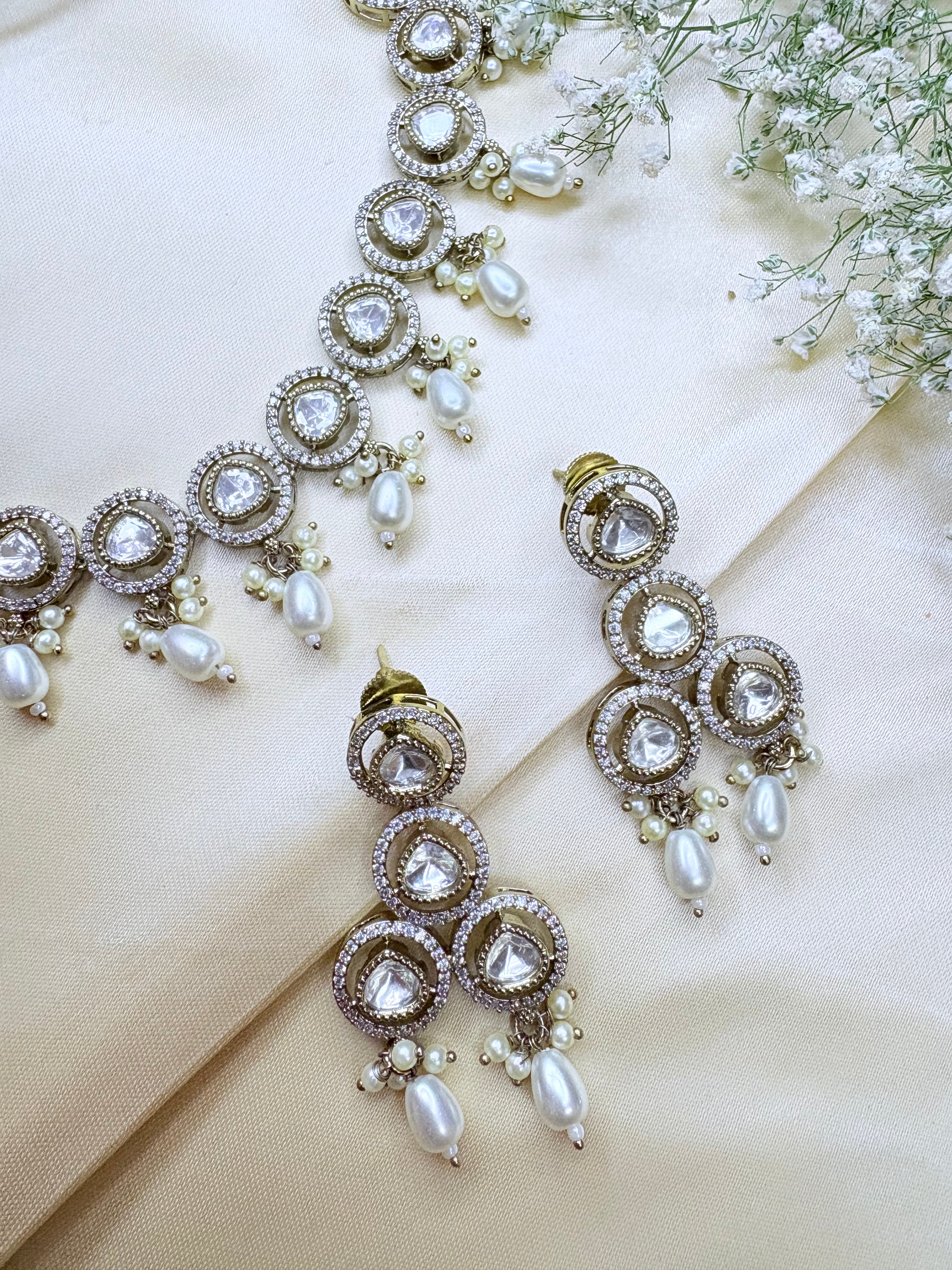 Pearl Drop Polki Necklace Set with Earrings