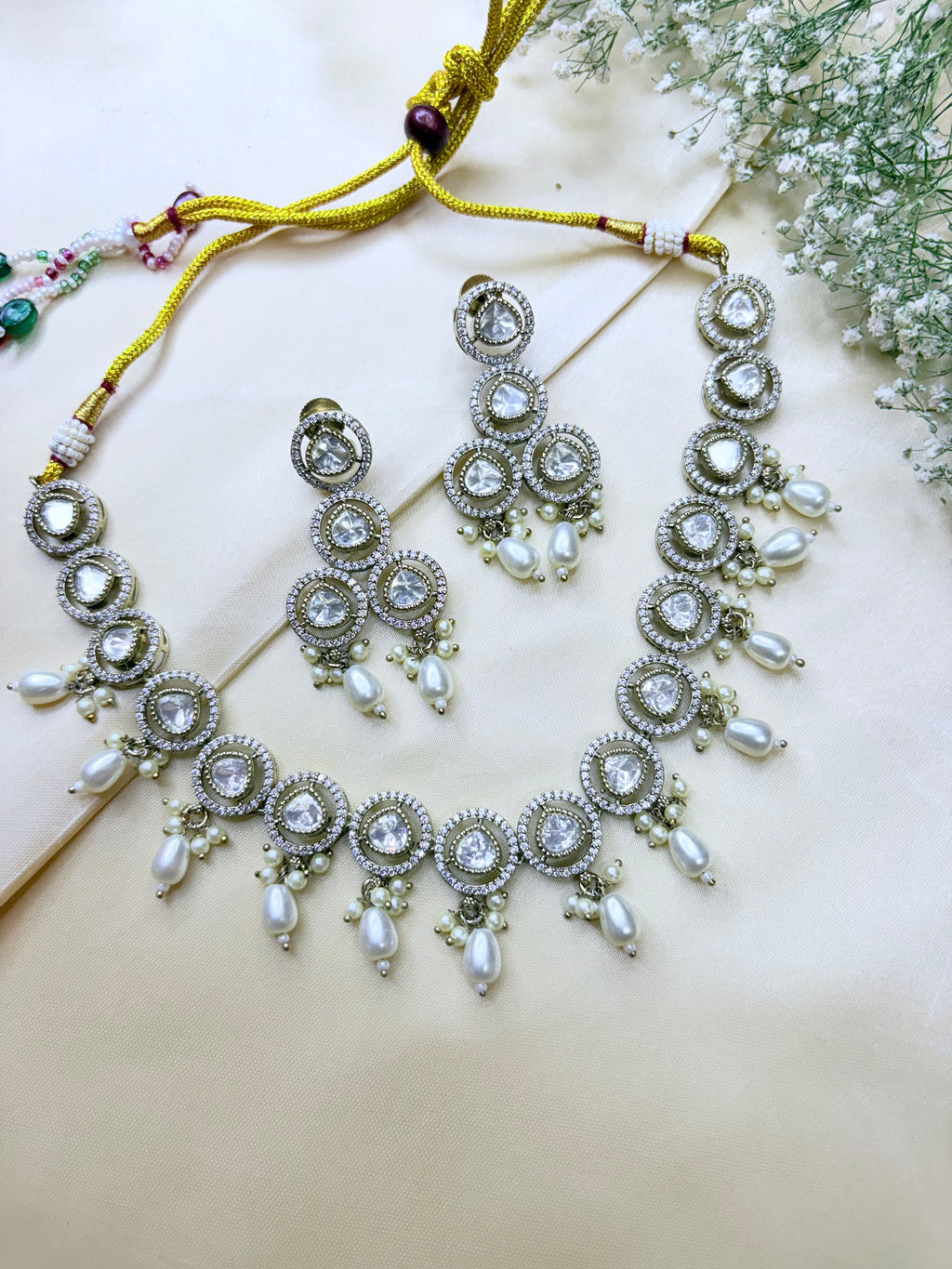 Pearl Drop Polki Necklace Set with Earrings