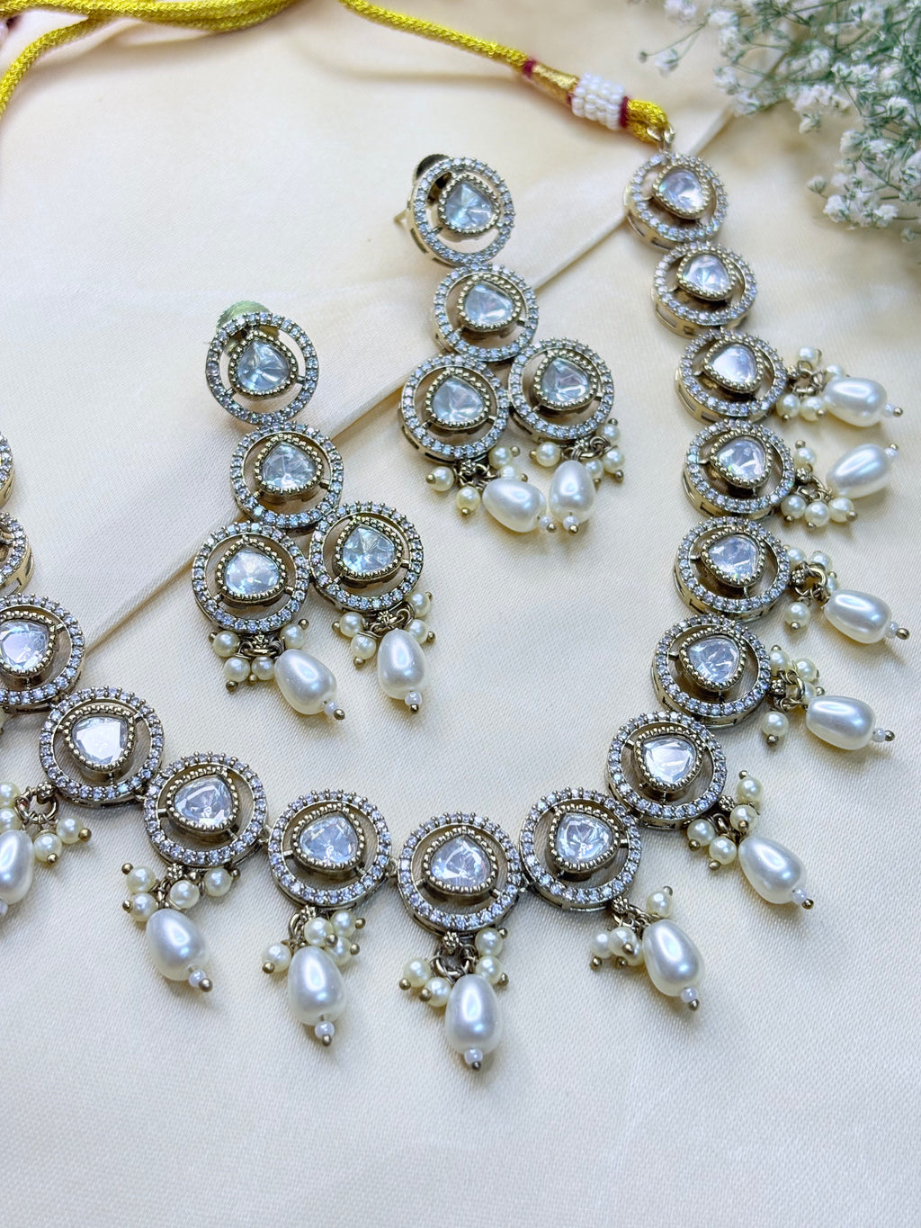 Pearl Drop Polki Necklace Set with Earrings
