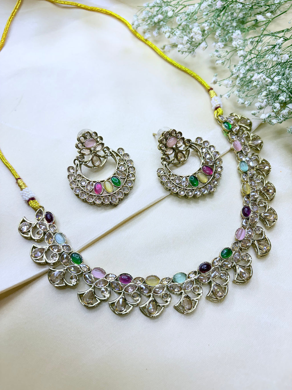 Traditional Indian Ethnic Jewelry Set with Multicolored Stones