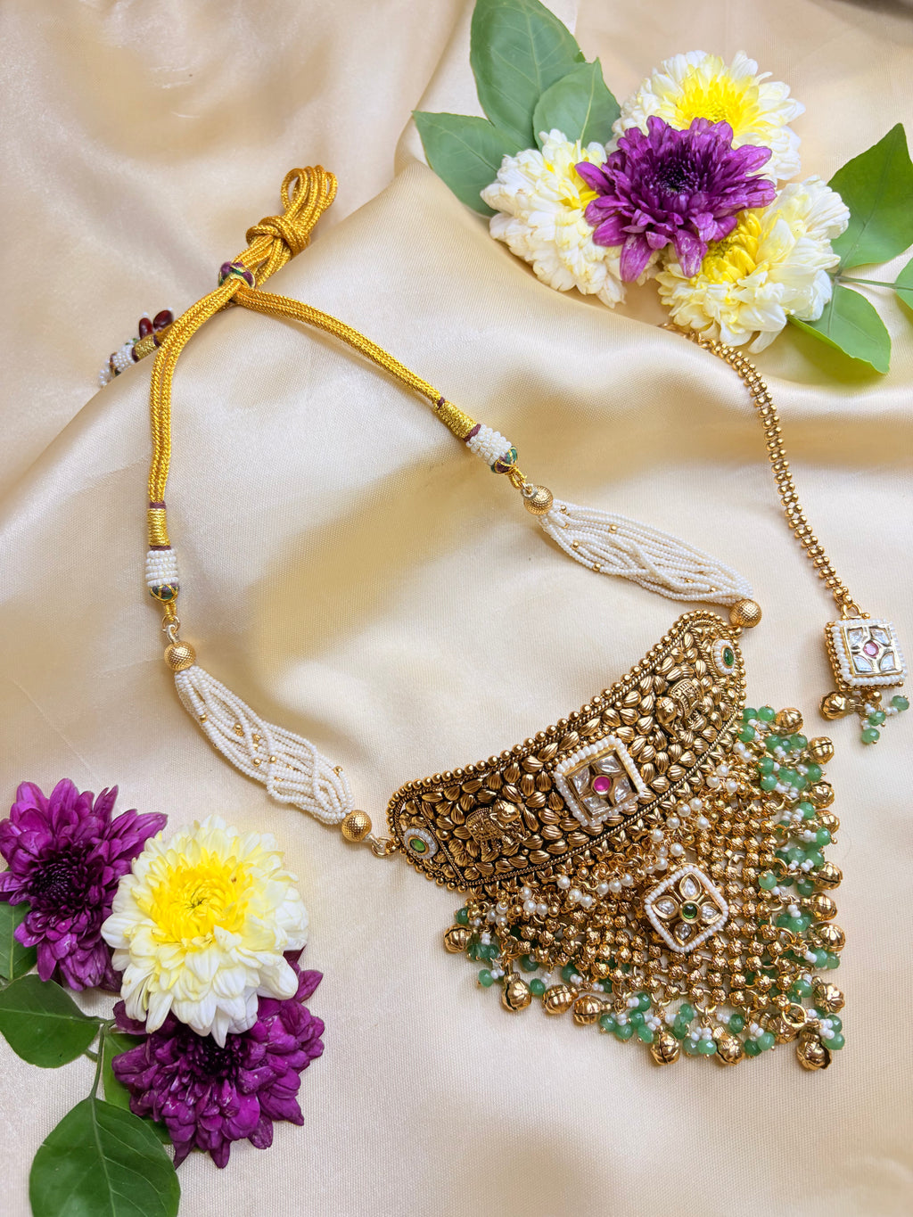 Antique Gold Choker, Earrings & Maang Tikka