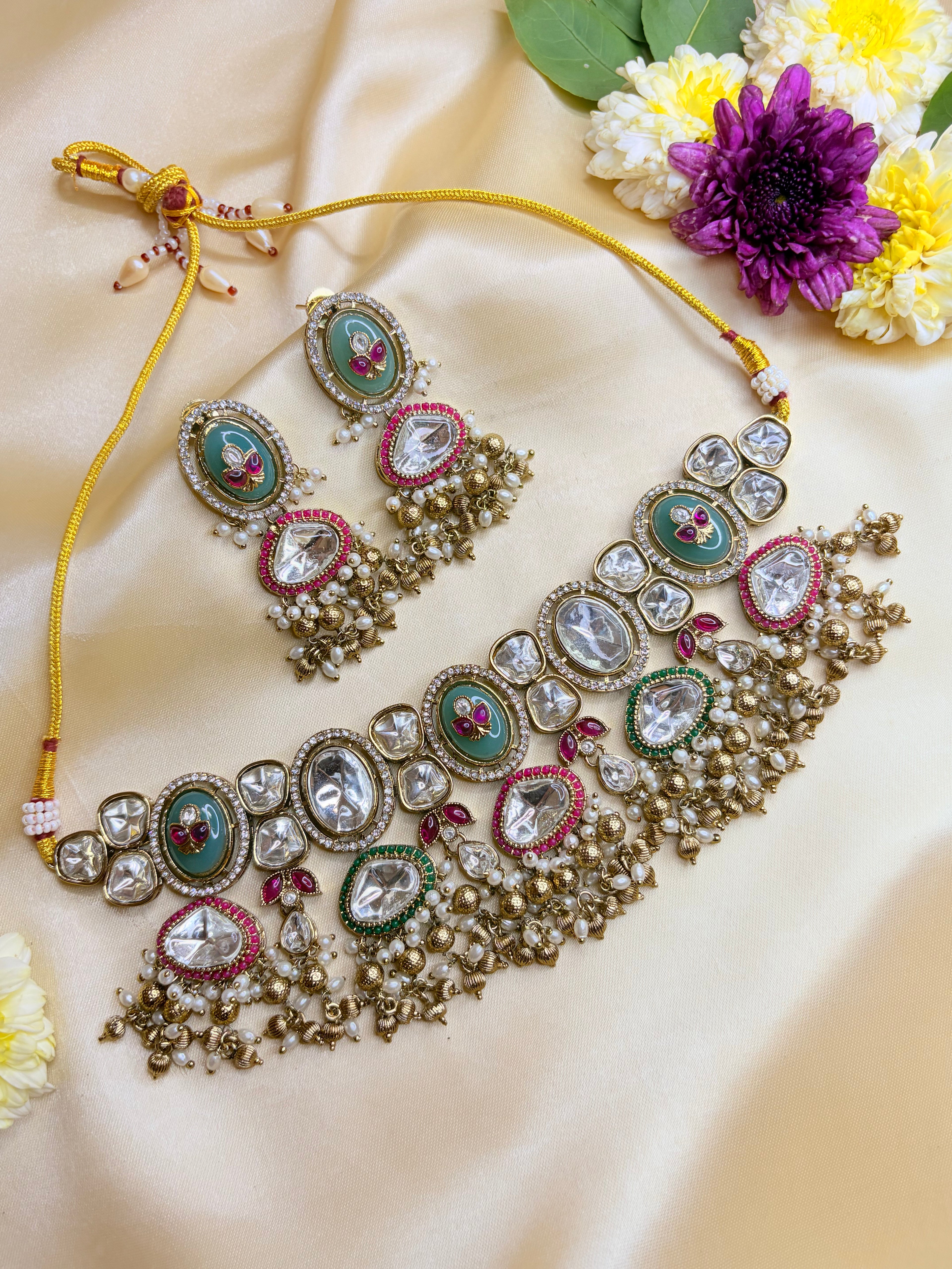 Royal Kundan Choker Set with Pearls & Meenakari Earrings