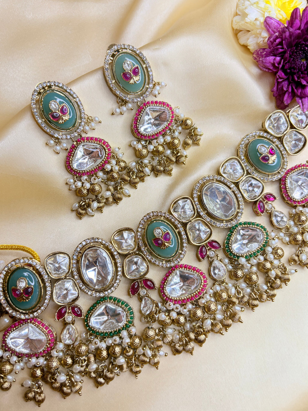 Royal Kundan Choker Set with Pearls & Meenakari Earrings