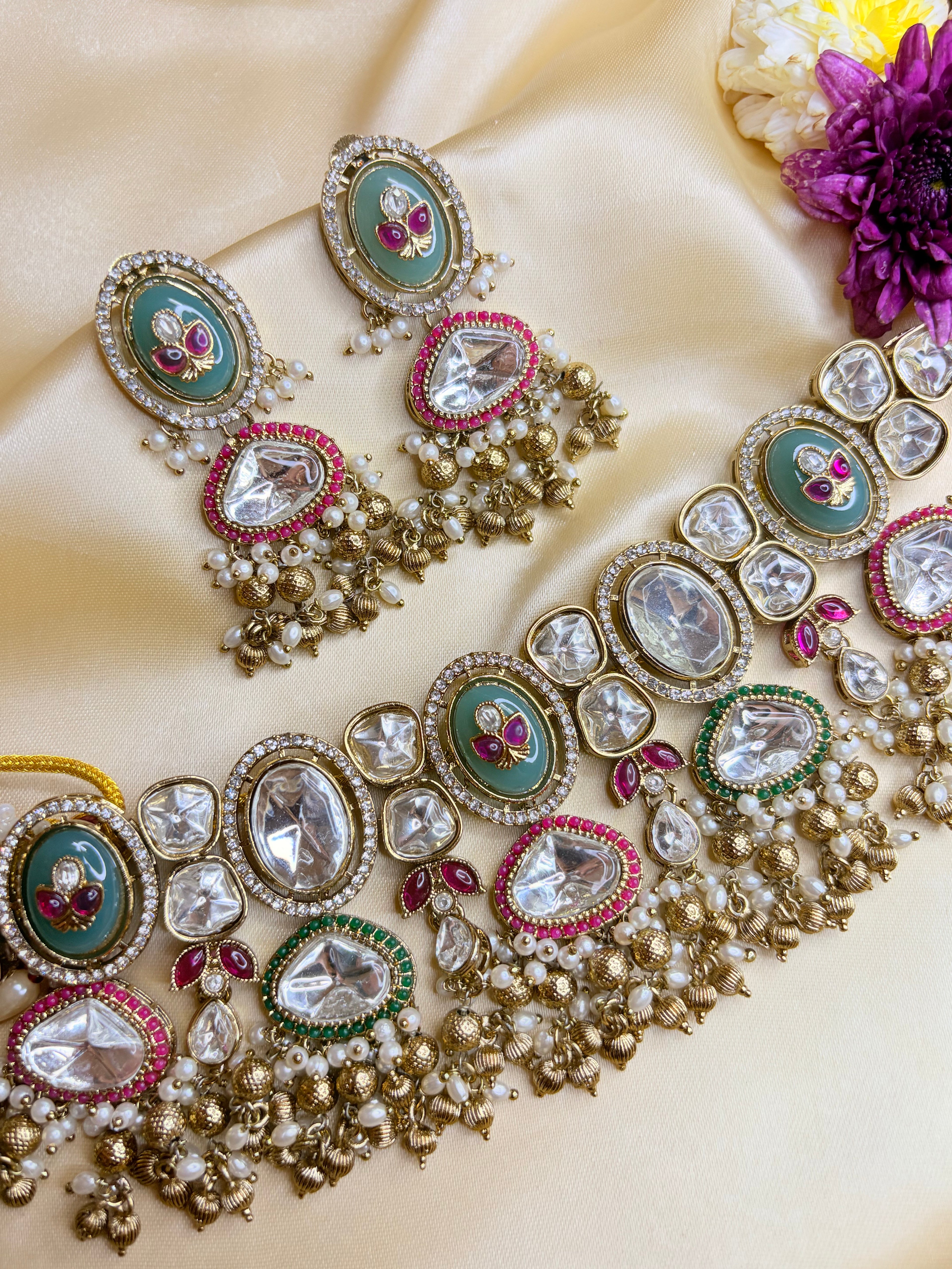Royal Kundan Choker Set with Pearls & Meenakari Earrings