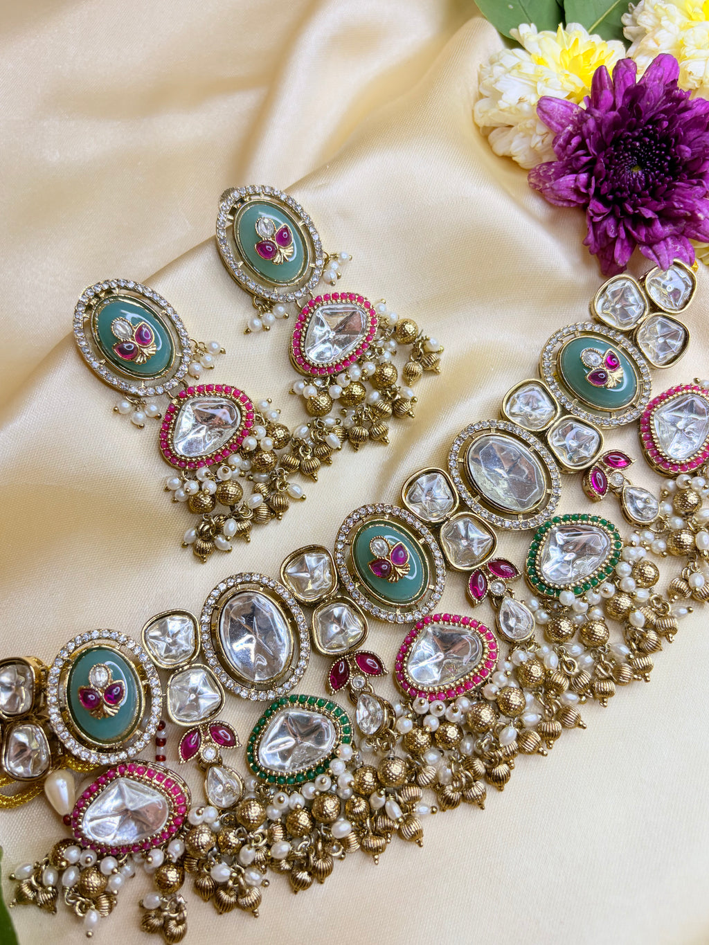 Royal Kundan Choker Set with Pearls & Meenakari Earrings
