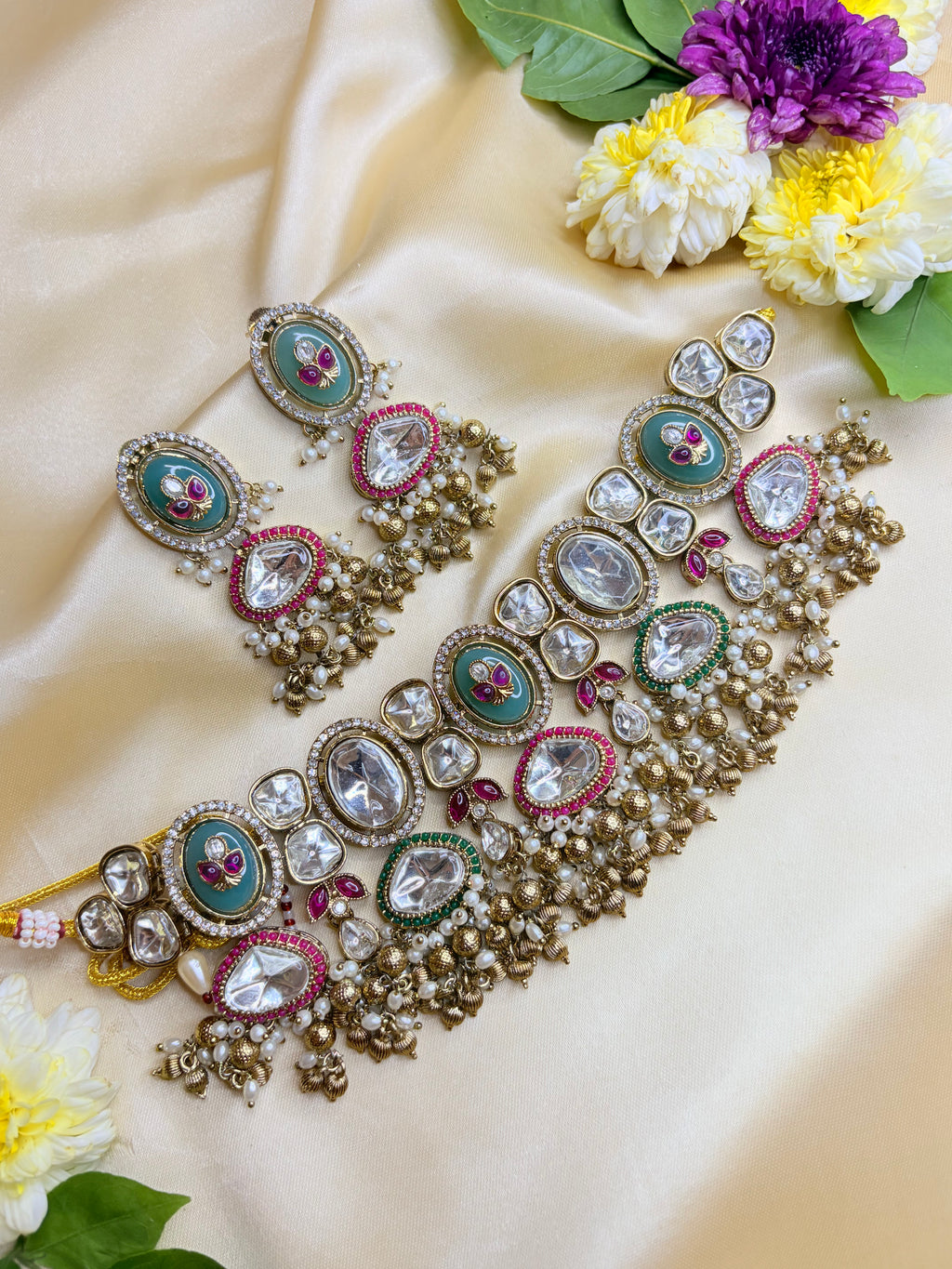 Royal Kundan Choker Set with Pearls & Meenakari Earrings