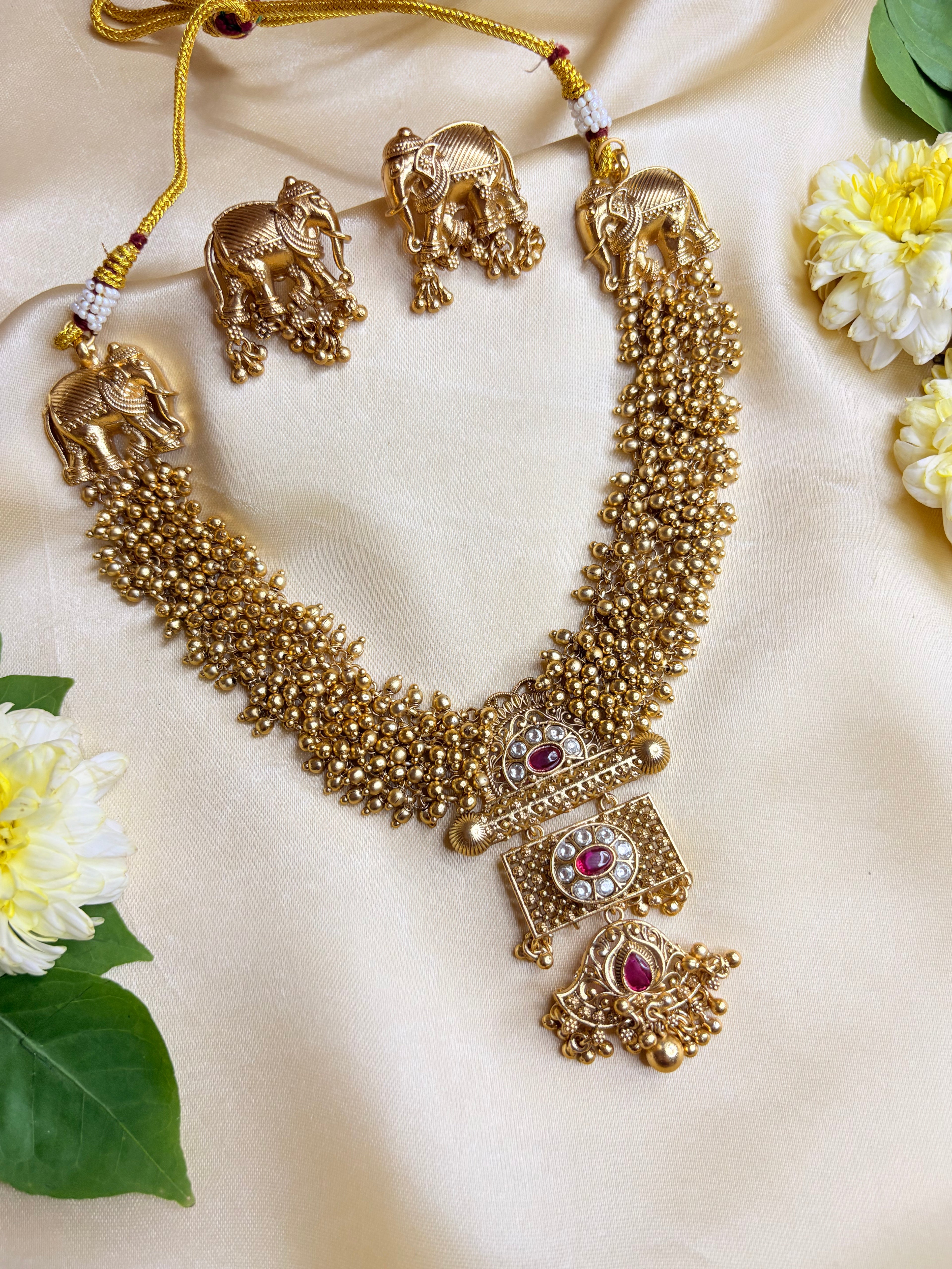 Gold and Ruby Beaded Elephant Pendant Necklace Set