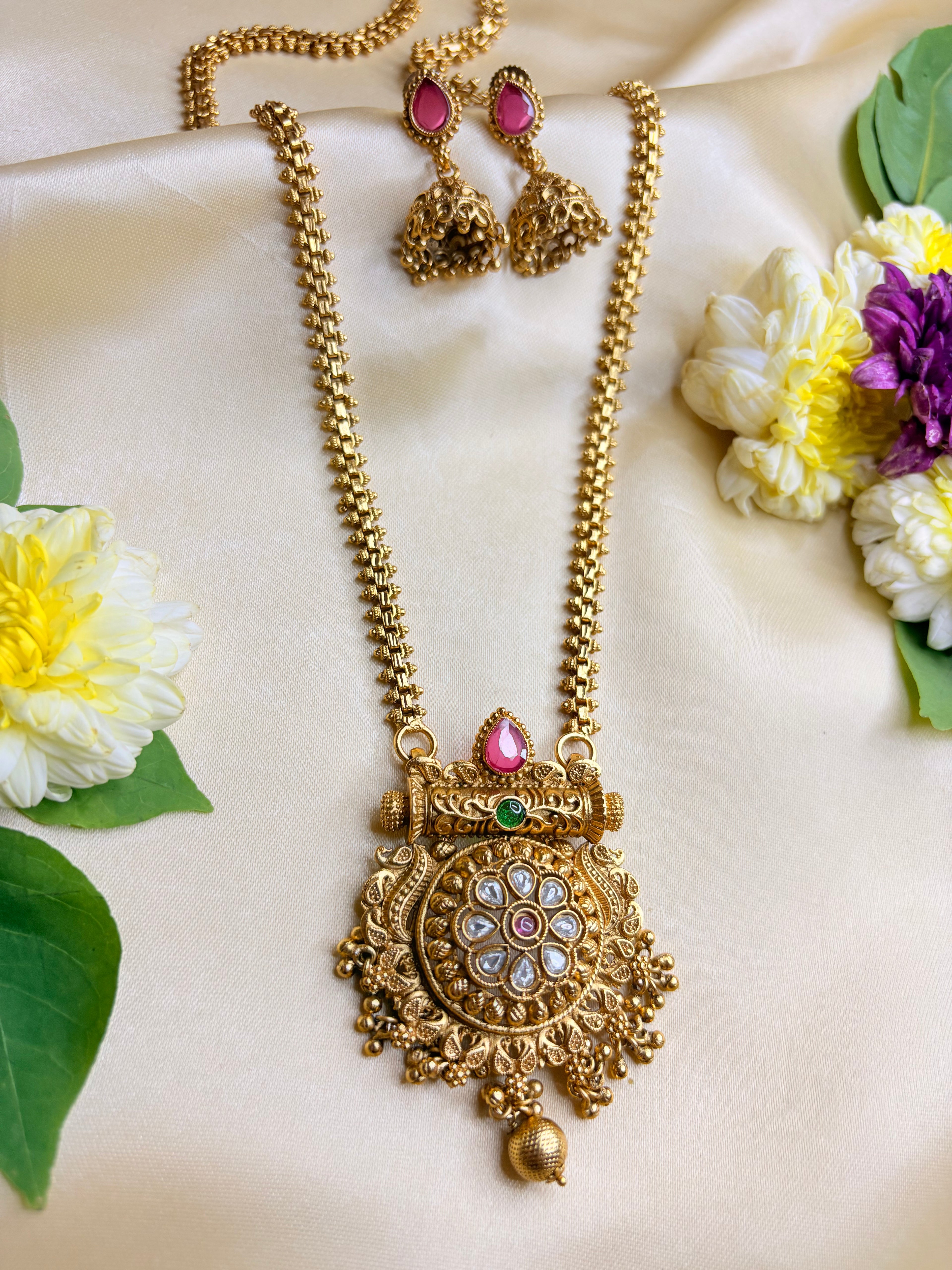 Indian Antique Gold Plated Necklace with Jhumka Earrings