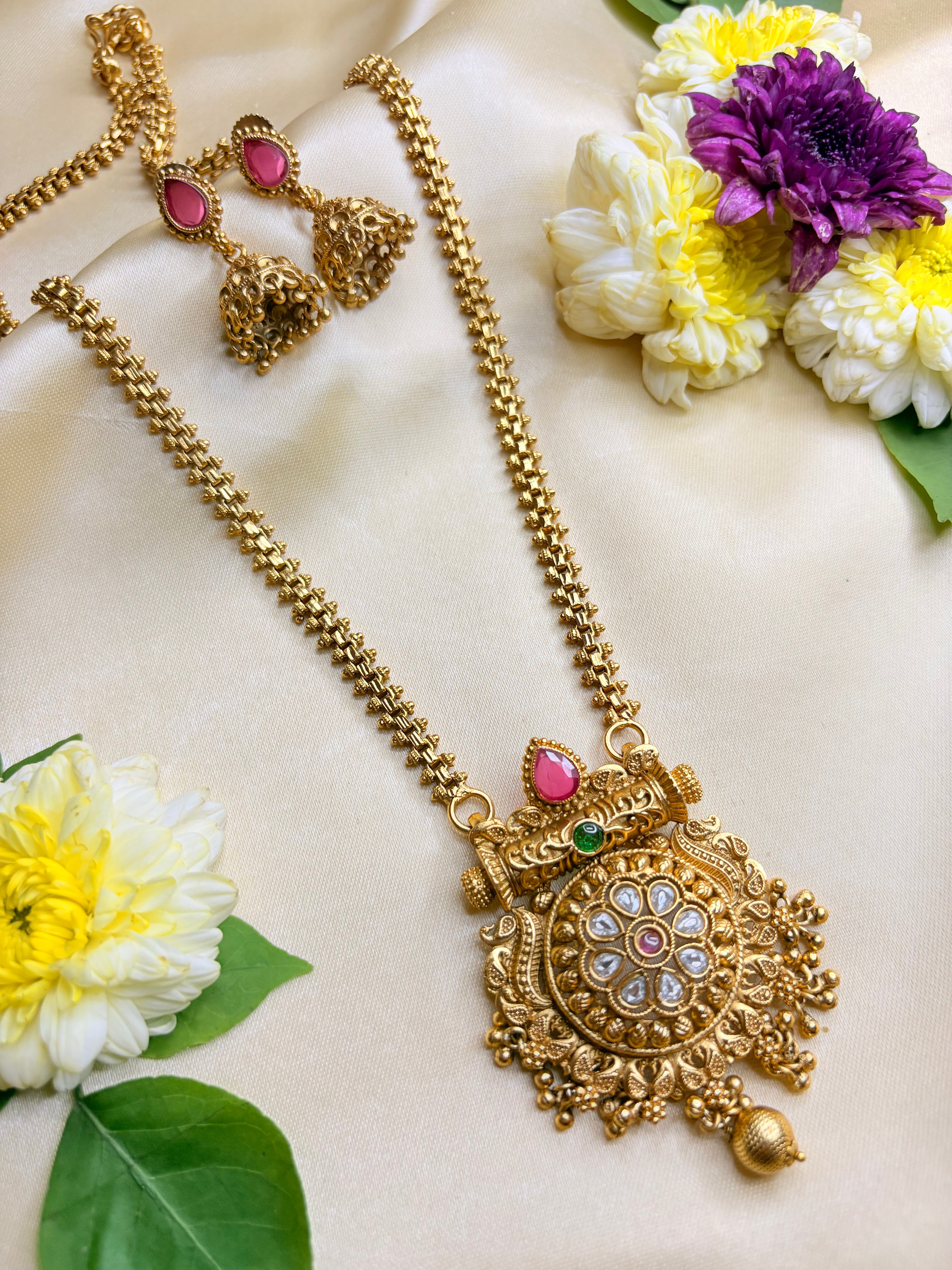 Indian Antique Gold Plated Necklace with Jhumka Earrings